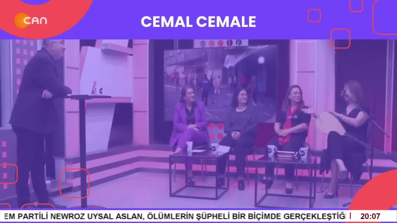 Hüseyin Kelleci’nin sunumuyla Cemal Cemale programının konukları Nurtepe Cemevi Başkanı Zeynel Şahan, Kadın Kolları Başkanı Gönül Güngör, Gençlik Kolları Başkanı Ali Şafak Keklik ve Zakir Cüneyt Mertoğlu. - CANTV